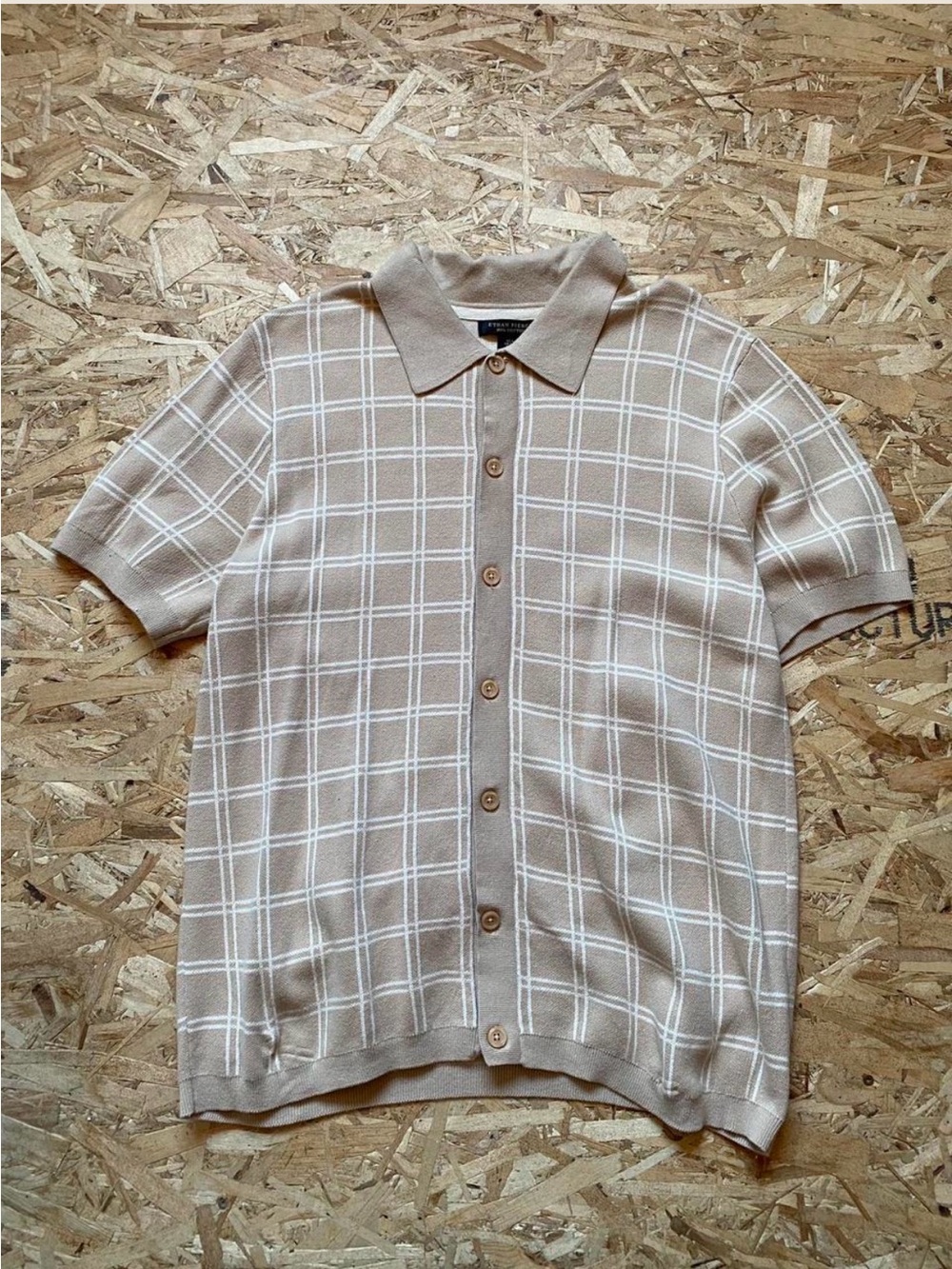 Beige Ethan Pierce Knitted Windowpane Short-Sleeve Button Shirt
